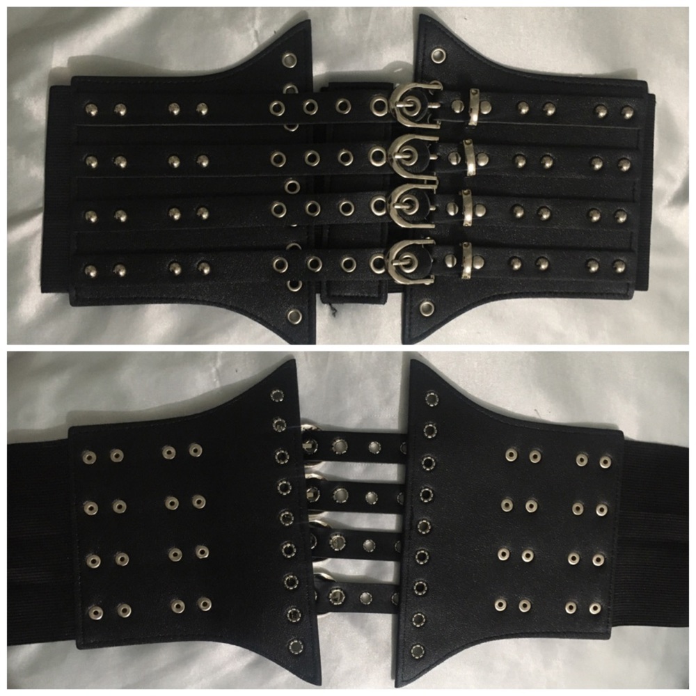 SOLD - NWOT Faux Leather Eyelet Buckle Studded Waist Corset - Picture 3 of 3